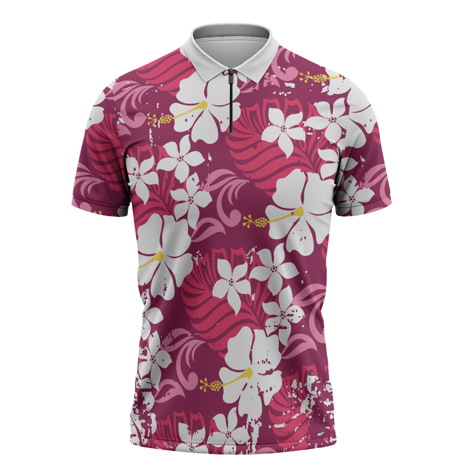 Pink Hawaiian Hibiscus Monstera Zipper Polo Shirt Grunge Stylized LT01 Pink - Polynesian Pride