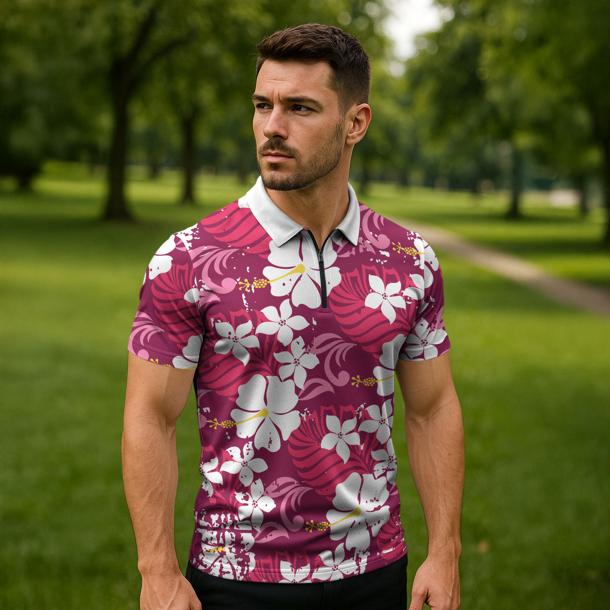 Pink Hawaiian Hibiscus Monstera Zipper Polo Shirt Grunge Stylized