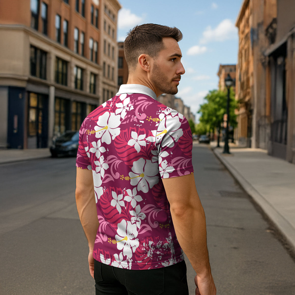 Pink Hawaiian Hibiscus Monstera Zipper Polo Shirt Grunge Stylized