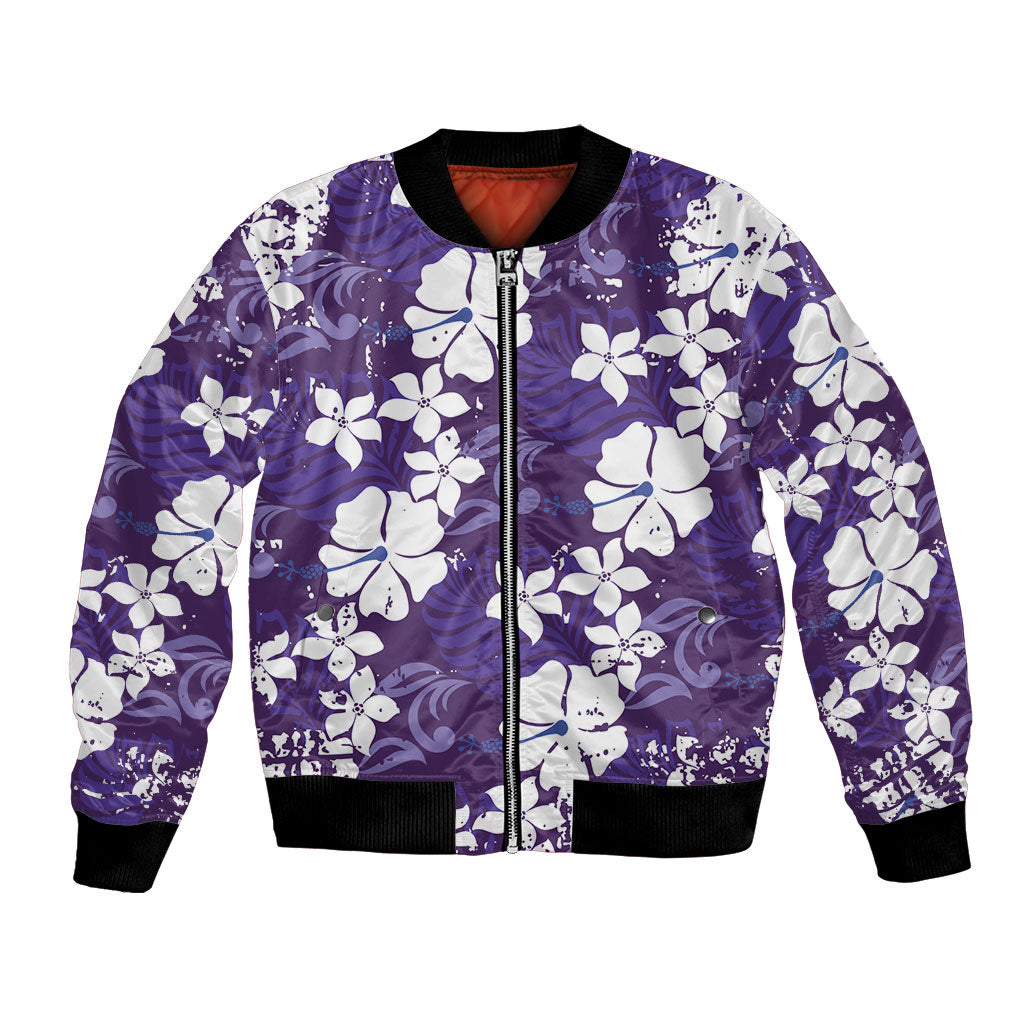 Purple Hawaiian Hibiscus Monstera Bomber Jacket Grunge Stylized LT01 Unisex Purple - Polynesian Pride