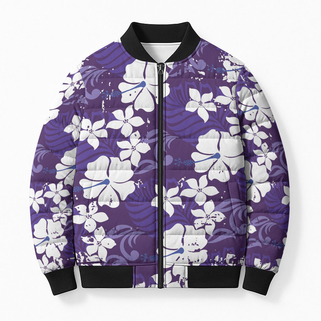 Purple Hawaiian Hibiscus Monstera Bomber Puffer Jacket Grunge Stylized