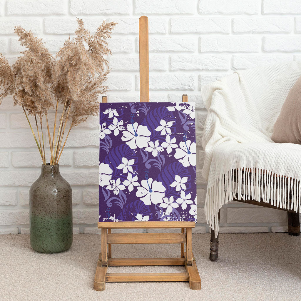 Purple Hawaiian Hibiscus Monstera Canvas Wall Art Grunge Stylized