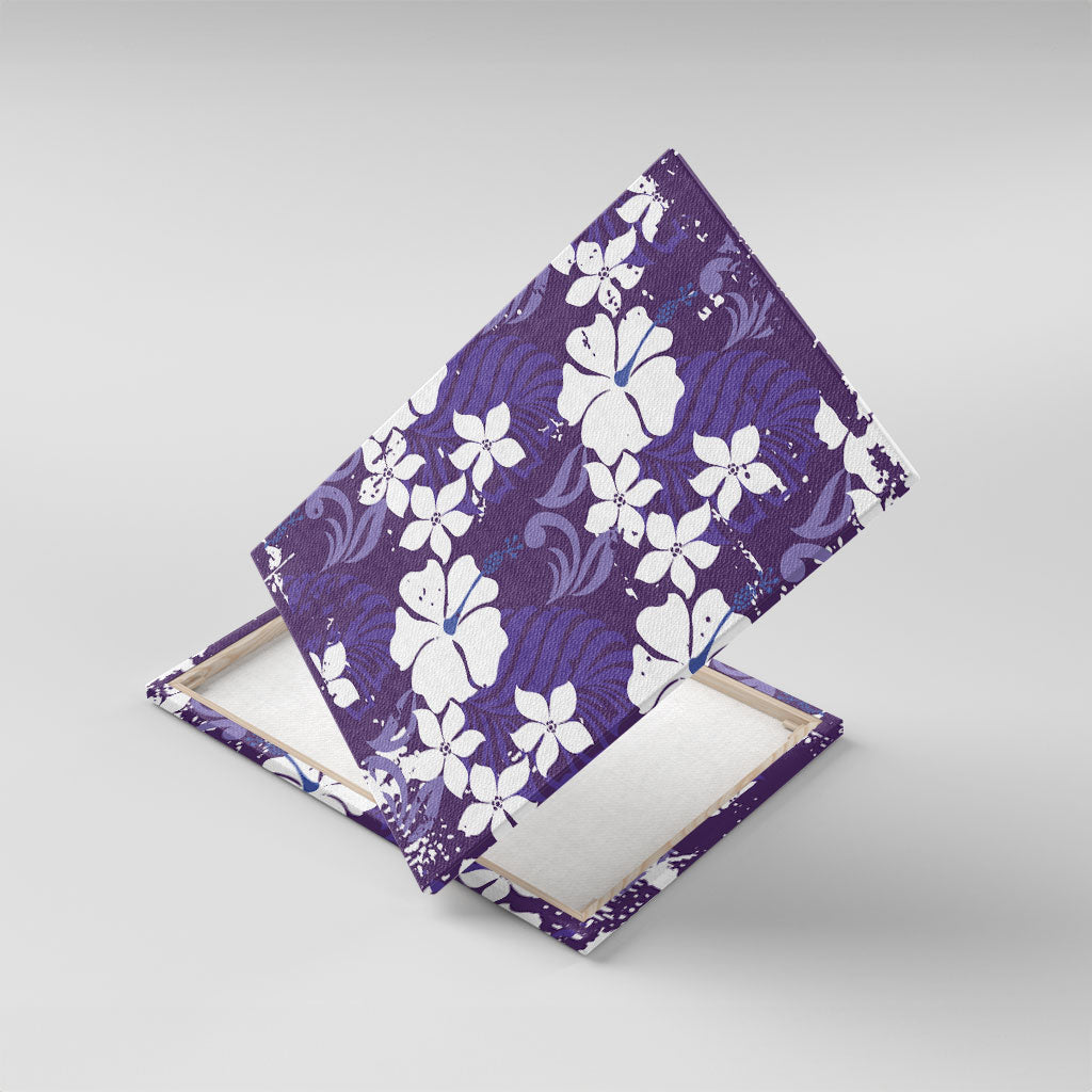 Purple Hawaiian Hibiscus Monstera Canvas Wall Art Grunge Stylized