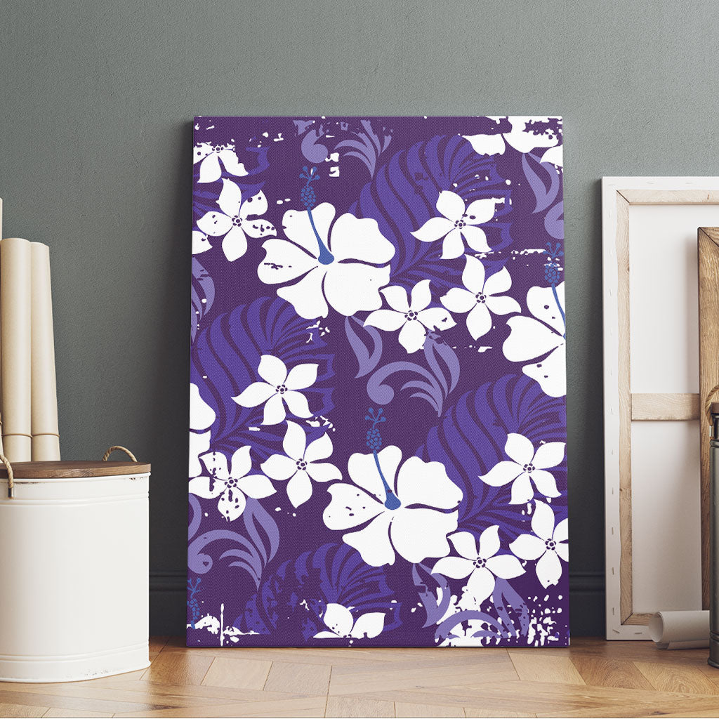 Purple Hawaiian Hibiscus Monstera Canvas Wall Art Grunge Stylized