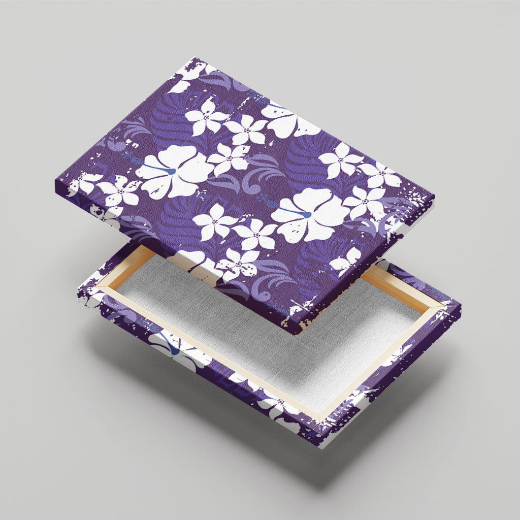 Purple Hawaiian Hibiscus Monstera Canvas Wall Art Grunge Stylized