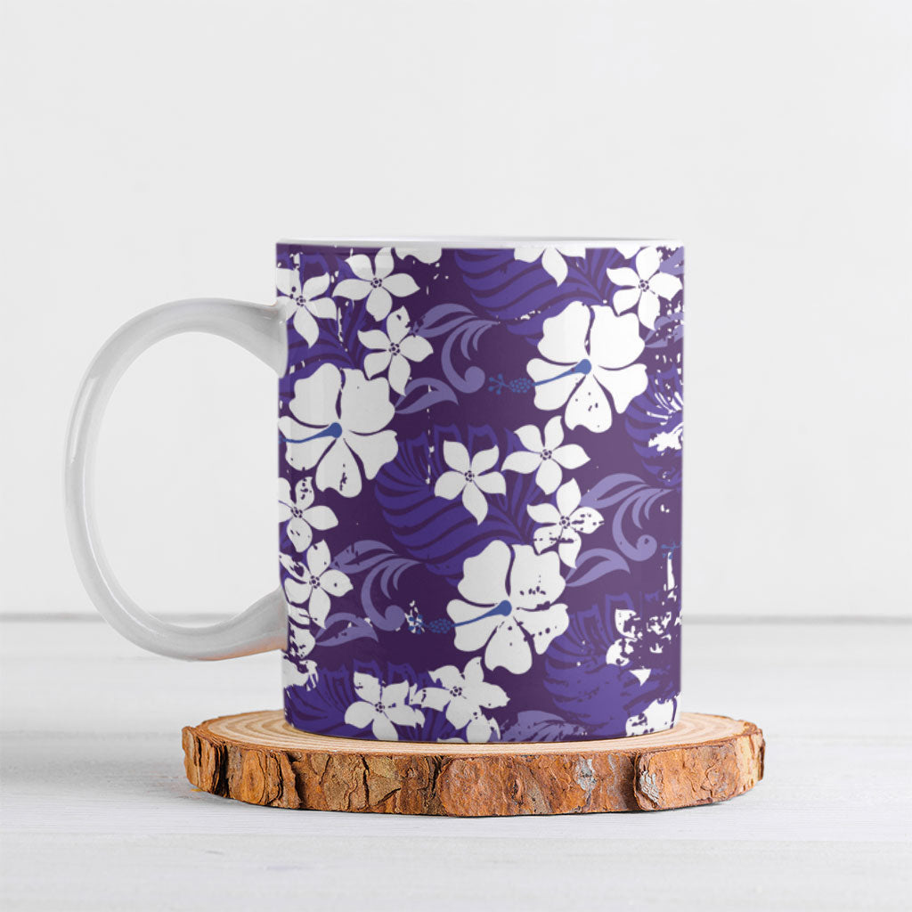 Purple Hawaiian Hibiscus Monstera Ceramic Mug Grunge Stylized