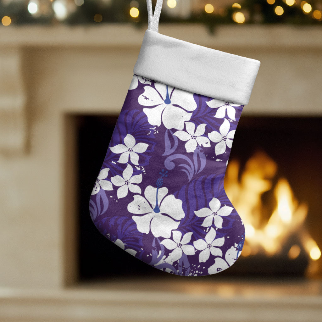 Purple Hawaiian Hibiscus Monstera Christmas Stocking Grunge Stylized