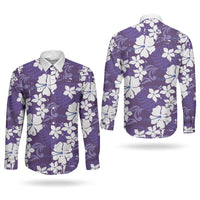 Purple Hawaiian Hibiscus Monstera Couples Matching Off Shoulder Maxi Dress and Long Sleeve Button Shirt Grunge Stylized LT01 - Polynesian Pride