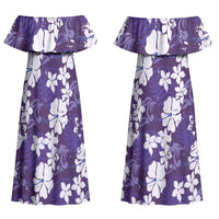 Purple Hawaiian Hibiscus Monstera Couples Matching Off Shoulder Maxi Dress and Long Sleeve Button Shirt Grunge Stylized LT01 - Polynesian Pride