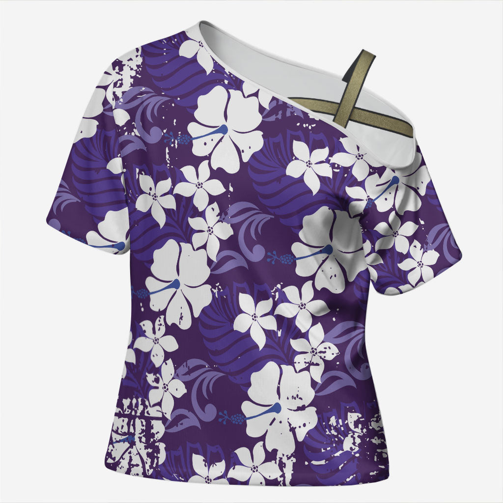 Purple Hawaiian Hibiscus Monstera Cross Shoulder Shirt Grunge Stylized