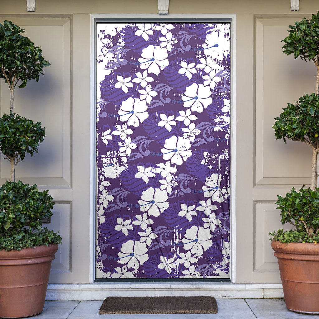 Purple Hawaiian Hibiscus Monstera Door Cover Grunge Stylized