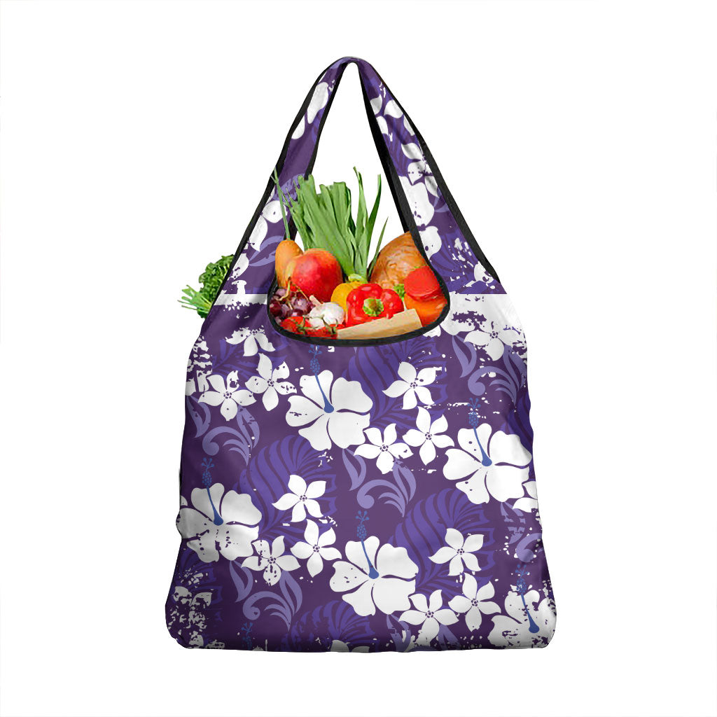 Purple Hawaiian Hibiscus Monstera Grocery Bag Grunge Stylized