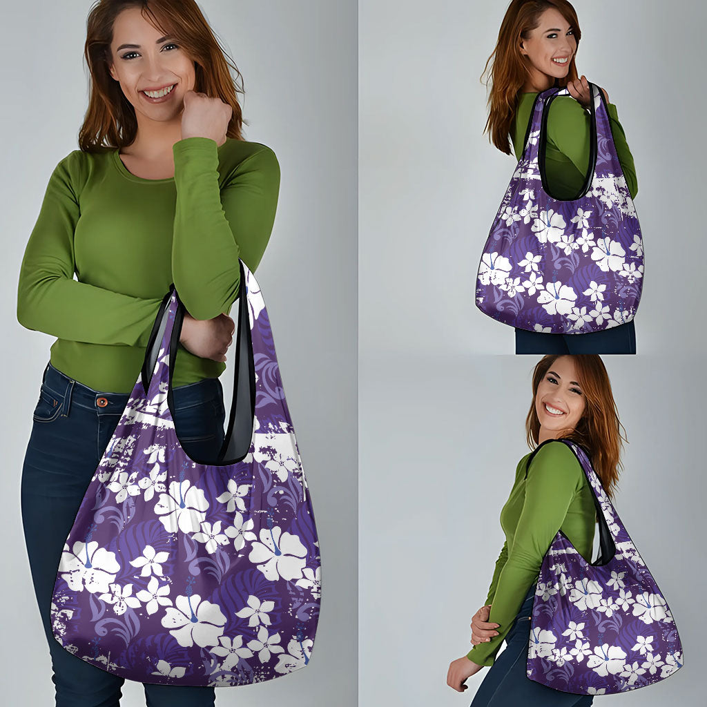 Purple Hawaiian Hibiscus Monstera Grocery Bag Grunge Stylized