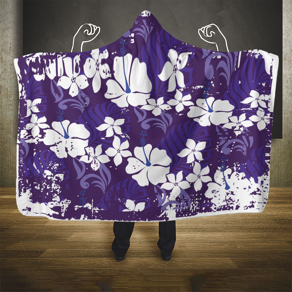 Purple Hawaiian Hibiscus Monstera Hooded Blanket Grunge Stylized