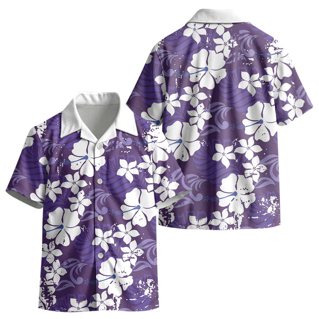 Purple Hawaiian Hibiscus Monstera Kid Hawaiian Shirt Grunge Stylized