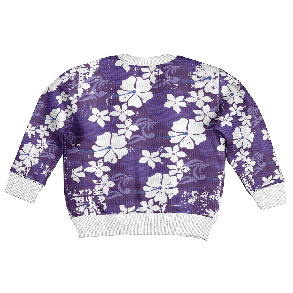 Purple Hawaiian Hibiscus Monstera Kid Ugly Christmas Sweater Grunge Stylized LT01 - Polynesian Pride