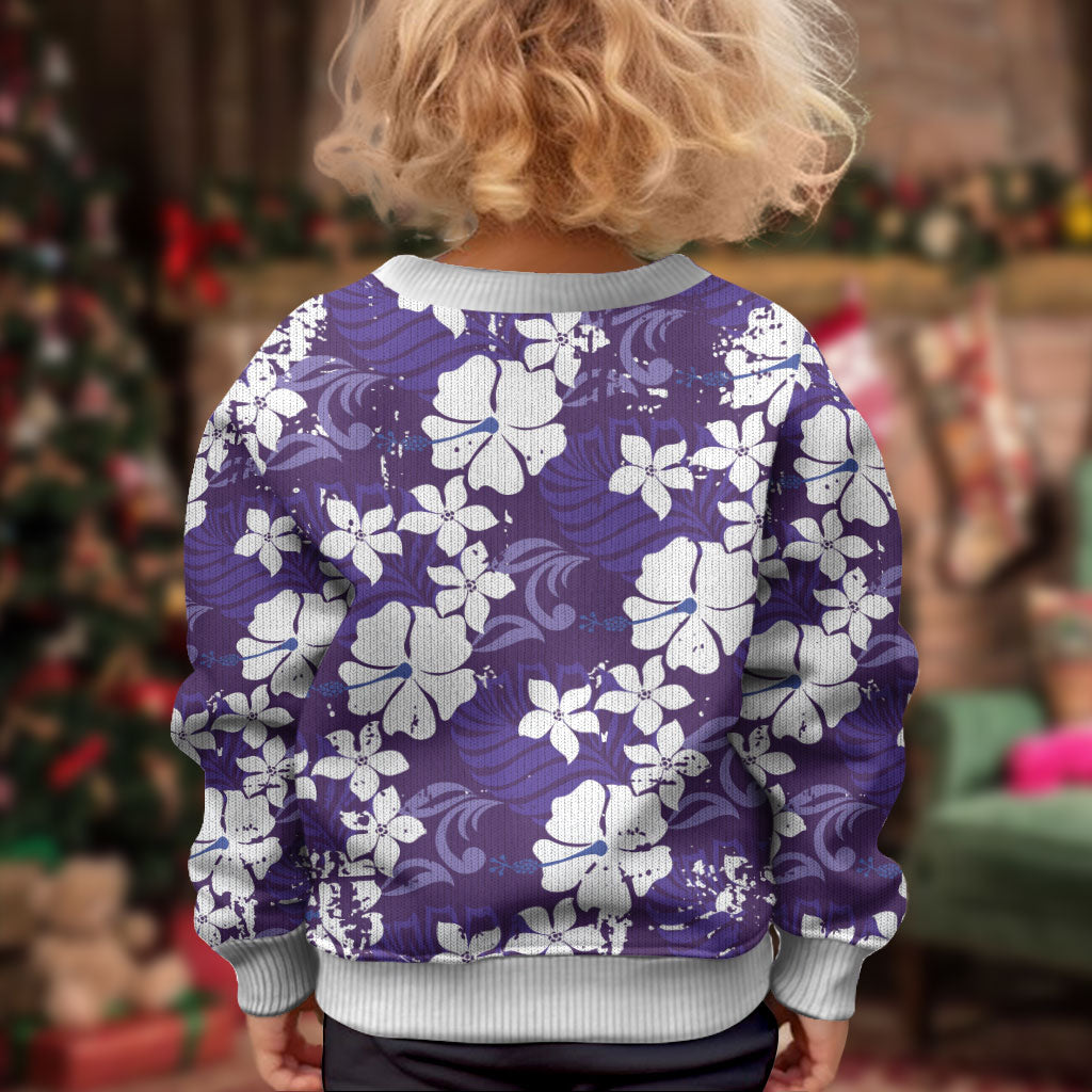 Purple Hawaiian Hibiscus Monstera Kid Ugly Christmas Sweater Grunge Stylized LT01 - Polynesian Pride