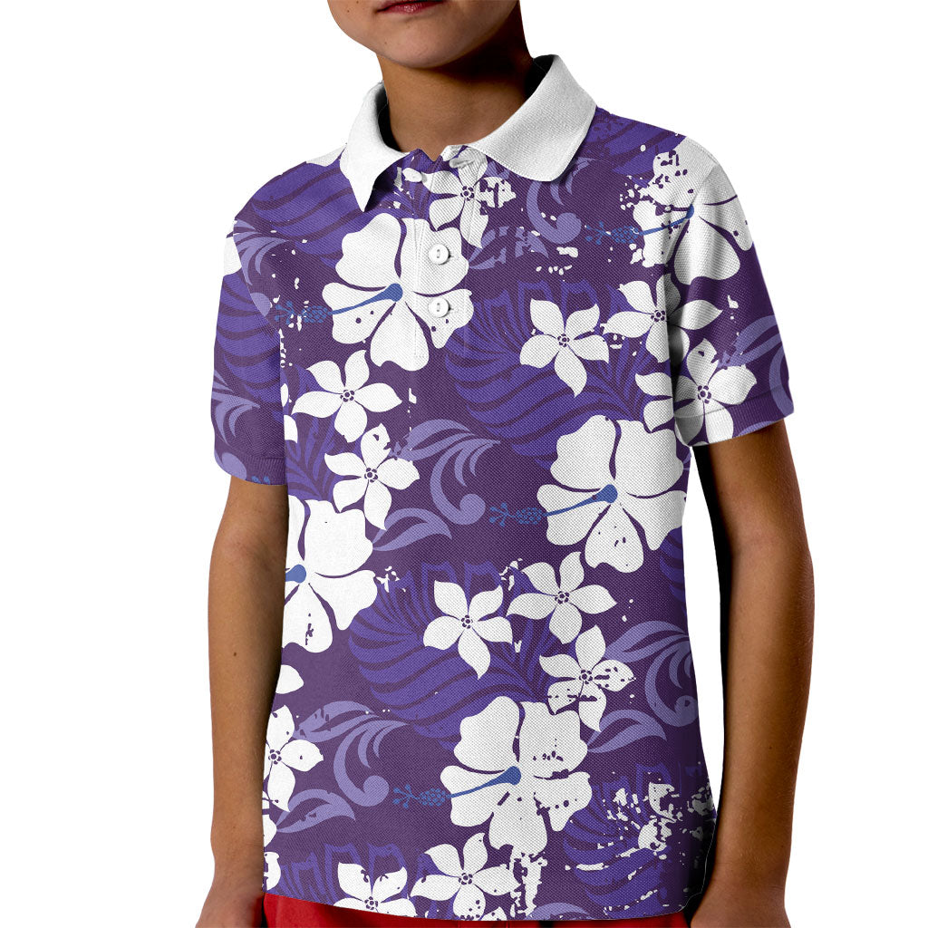 Purple Hawaiian Hibiscus Monstera Kid Polo Shirt Grunge Stylized