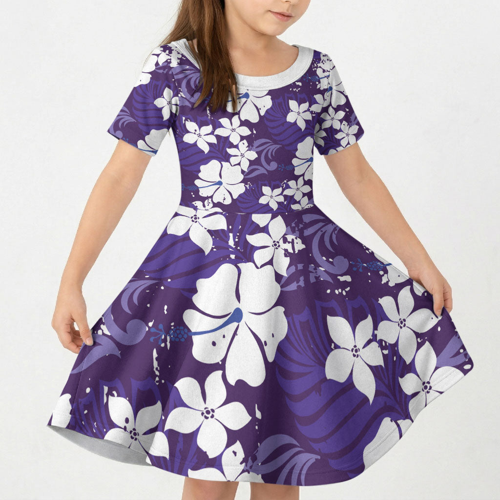 Purple Hawaiian Hibiscus Monstera Kid Short Sleeve Dress Grunge Stylized