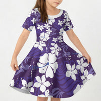 Purple Hawaiian Hibiscus Monstera Kid Short Sleeve Dress Grunge Stylized