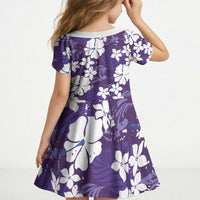 Purple Hawaiian Hibiscus Monstera Kid Short Sleeve Dress Grunge Stylized