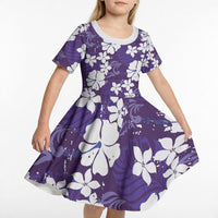 Purple Hawaiian Hibiscus Monstera Kid Short Sleeve Dress Grunge Stylized
