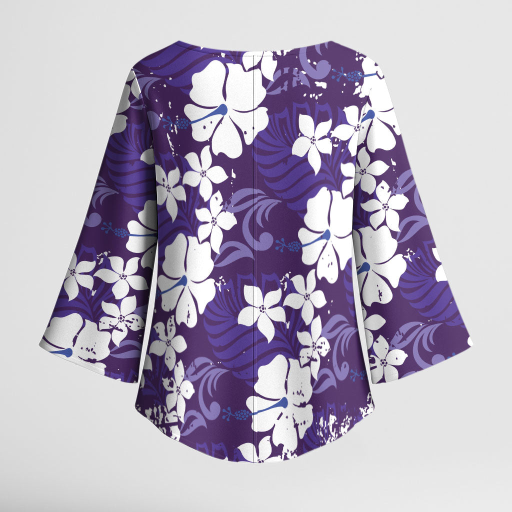 Purple Hawaiian Hibiscus Monstera Kimono Sleeve Blouse Grunge Stylized