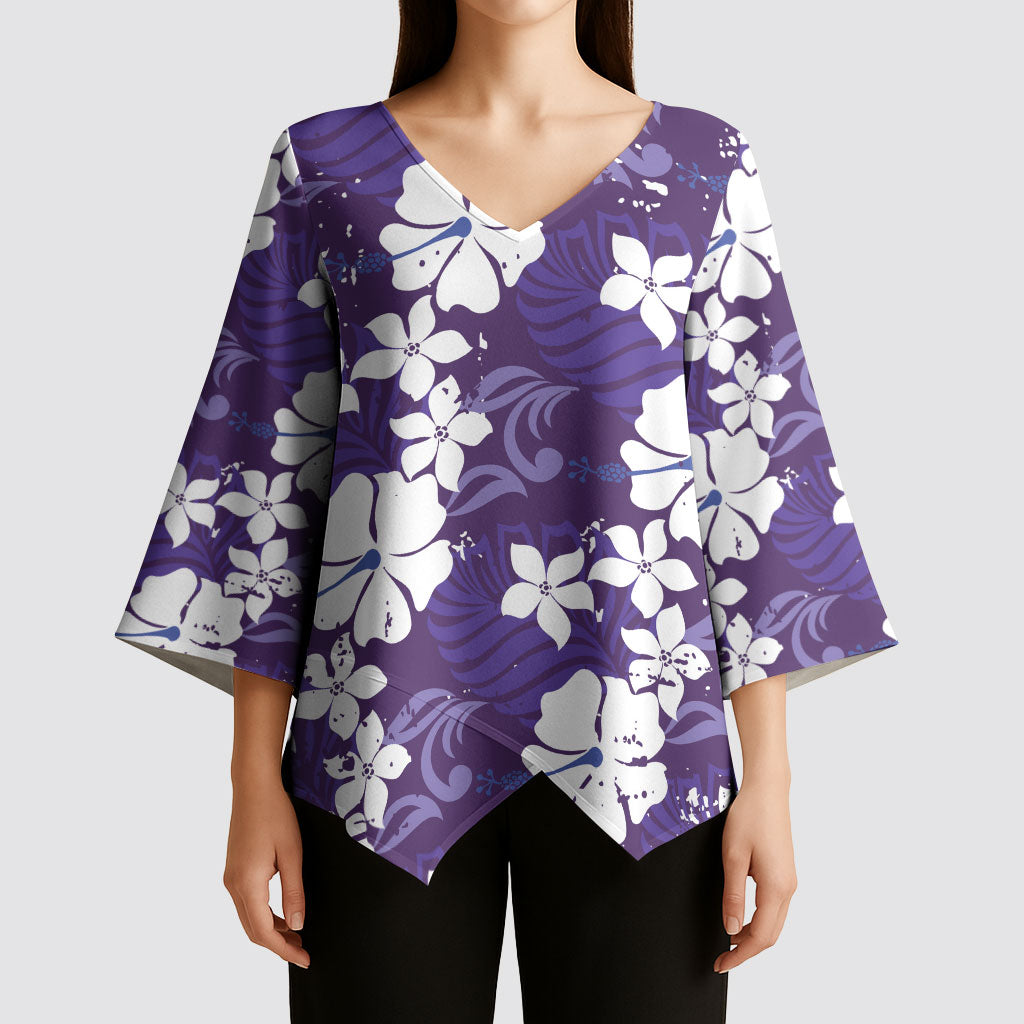 Purple Hawaiian Hibiscus Monstera Kimono Sleeve Blouse Grunge Stylized