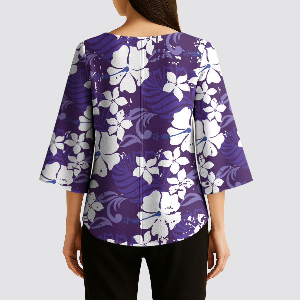 Purple Hawaiian Hibiscus Monstera Kimono Sleeve Blouse Grunge Stylized