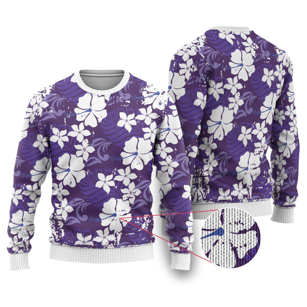 Purple Hawaiian Hibiscus Monstera Ugly Christmas Sweater Grunge Stylized LT01 Purple - Polynesian Pride