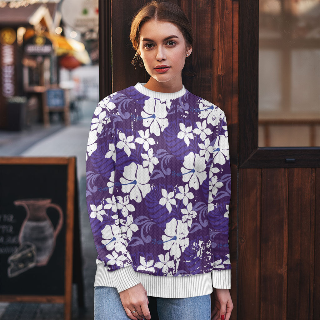 Purple Hawaiian Hibiscus Monstera Ugly Christmas Sweater Grunge Stylized LT01 - Polynesian Pride