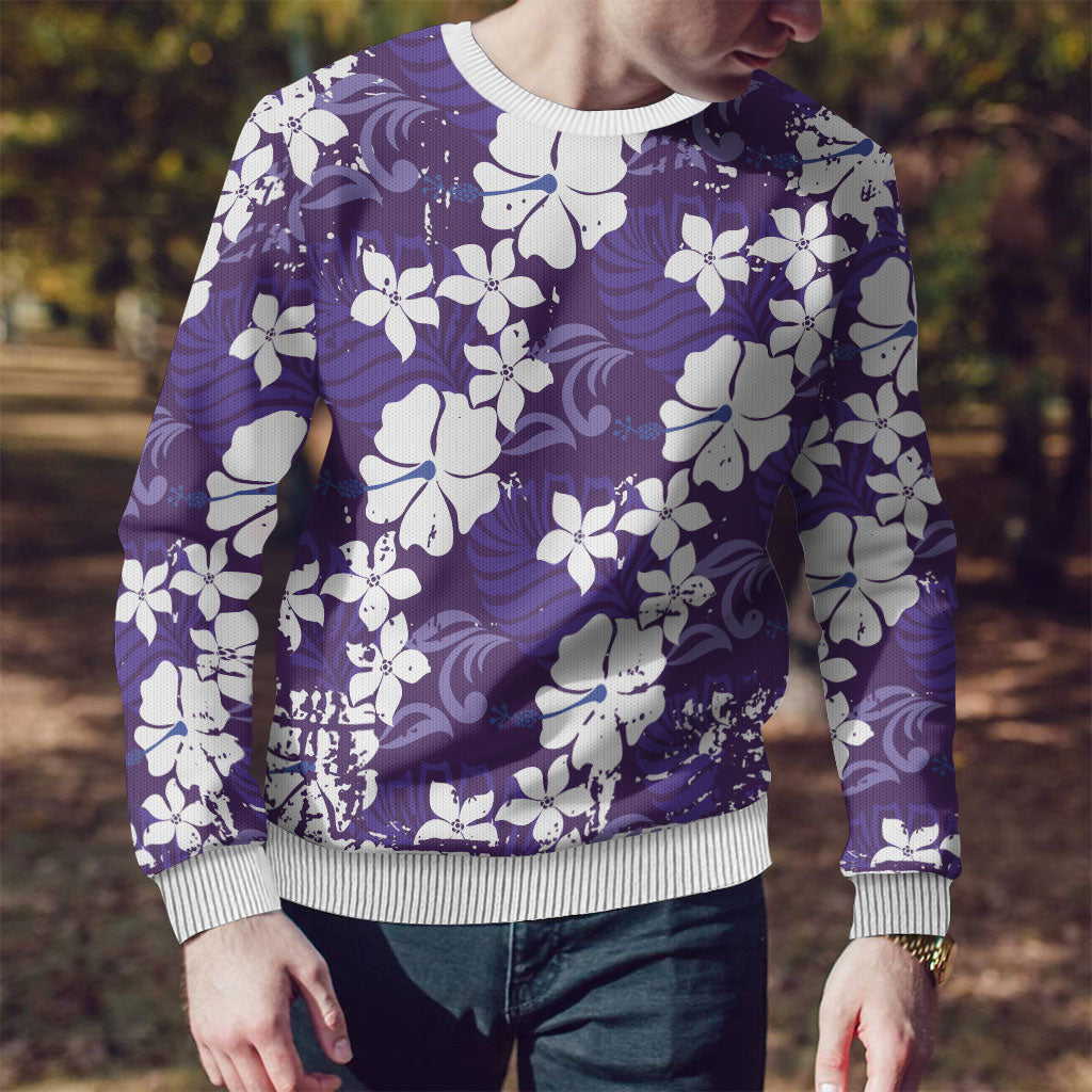 Purple Hawaiian Hibiscus Monstera Ugly Christmas Sweater Grunge Stylized LT01 - Polynesian Pride