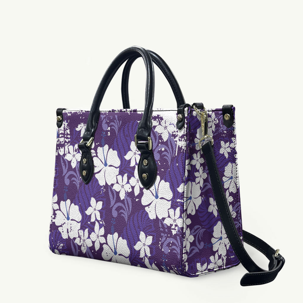 Purple Hawaiian Hibiscus Monstera Leather Bag Grunge Stylized