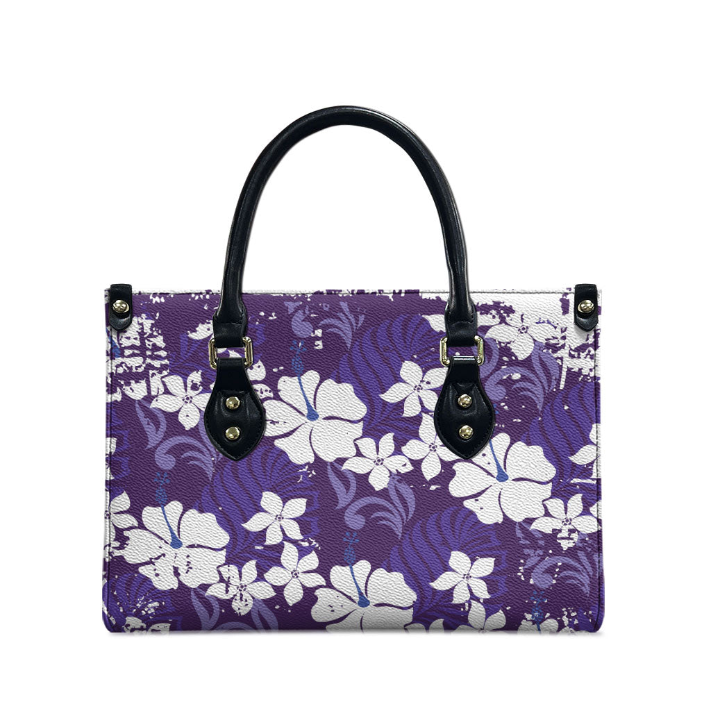Purple Hawaiian Hibiscus Monstera Leather Bag Grunge Stylized