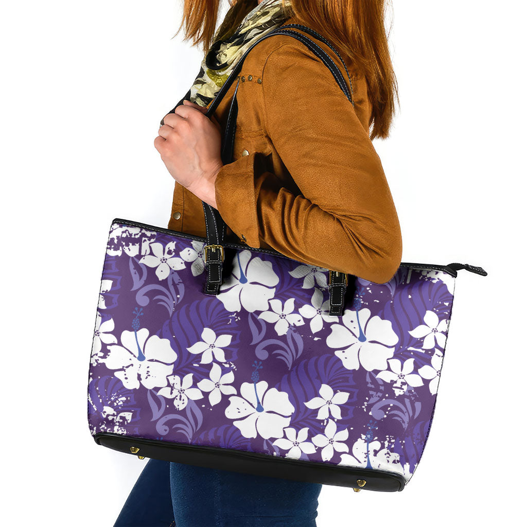 Purple Hawaiian Hibiscus Monstera Leather Tote Bag Grunge Stylized LT01 Purple - Polynesian Pride
