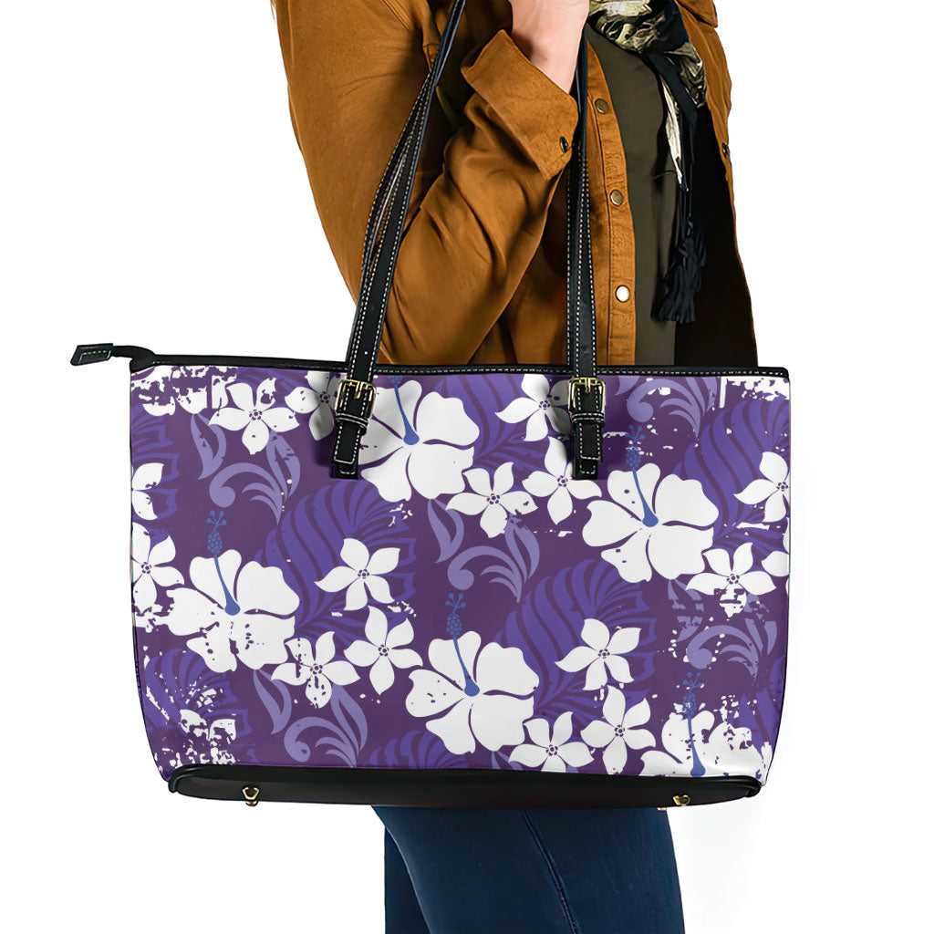 Purple Hawaiian Hibiscus Monstera Leather Tote Bag Grunge Stylized