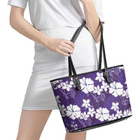 Purple Hawaiian Hibiscus Monstera Leather Tote Bag Grunge Stylized