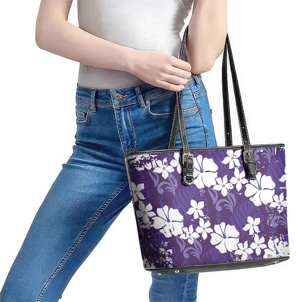 Purple Hawaiian Hibiscus Monstera Leather Tote Bag Grunge Stylized