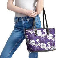 Purple Hawaiian Hibiscus Monstera Leather Tote Bag Grunge Stylized