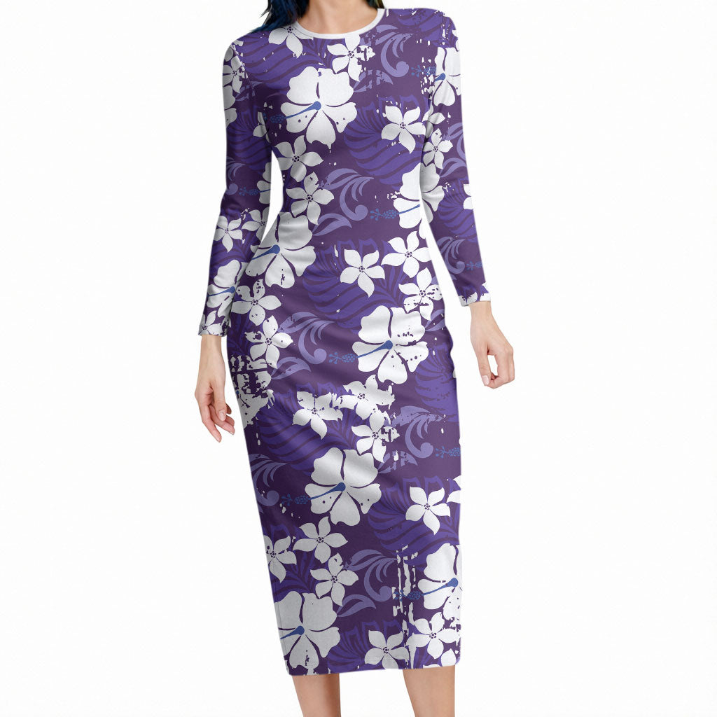 Purple Hawaiian Hibiscus Monstera Long Sleeve Bodycon Dress Grunge Stylized