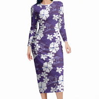 Purple Hawaiian Hibiscus Monstera Long Sleeve Bodycon Dress Grunge Stylized