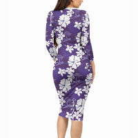 Purple Hawaiian Hibiscus Monstera Long Sleeve Bodycon Dress Grunge Stylized