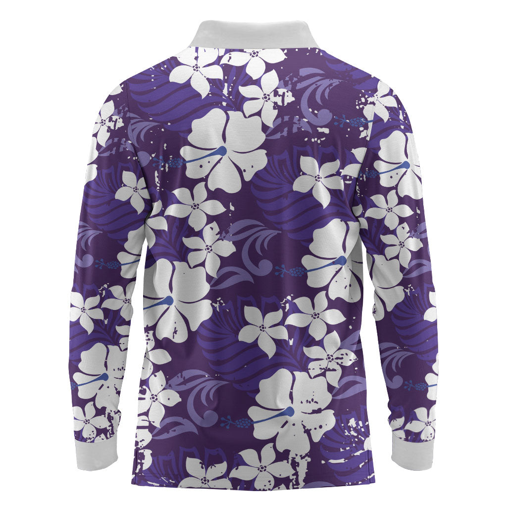 Purple Hawaiian Hibiscus Monstera Long Sleeve Polo Shirt Grunge Stylized