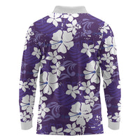 Purple Hawaiian Hibiscus Monstera Long Sleeve Polo Shirt Grunge Stylized