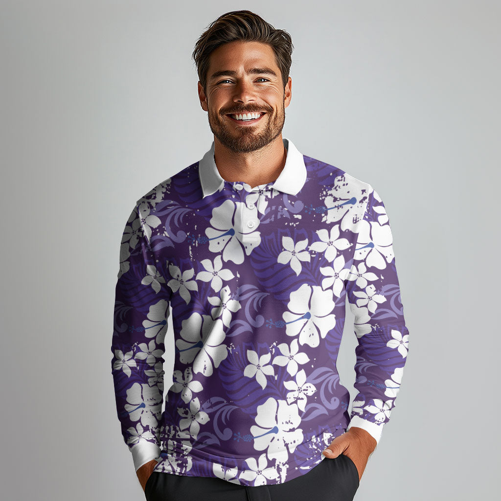 Purple Hawaiian Hibiscus Monstera Long Sleeve Polo Shirt Grunge Stylized