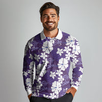Purple Hawaiian Hibiscus Monstera Long Sleeve Polo Shirt Grunge Stylized