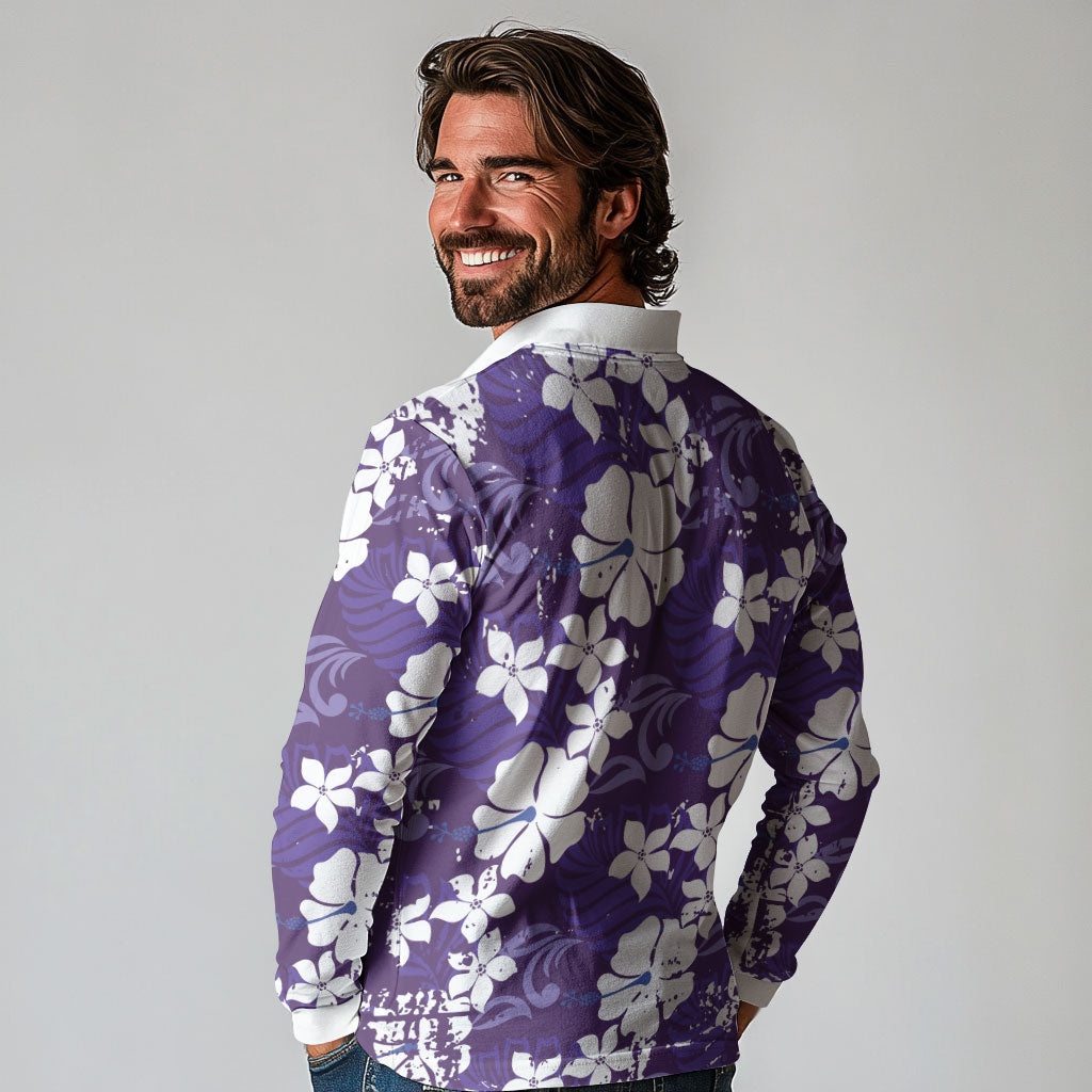 Purple Hawaiian Hibiscus Monstera Long Sleeve Polo Shirt Grunge Stylized