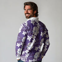 Purple Hawaiian Hibiscus Monstera Long Sleeve Polo Shirt Grunge Stylized