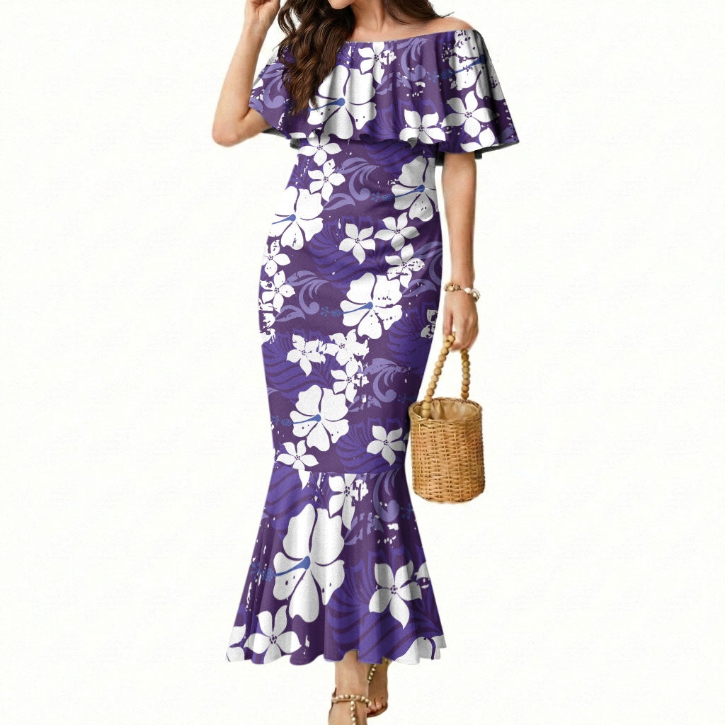 Purple Hawaiian Hibiscus Monstera Mermaid Dress Grunge Stylized