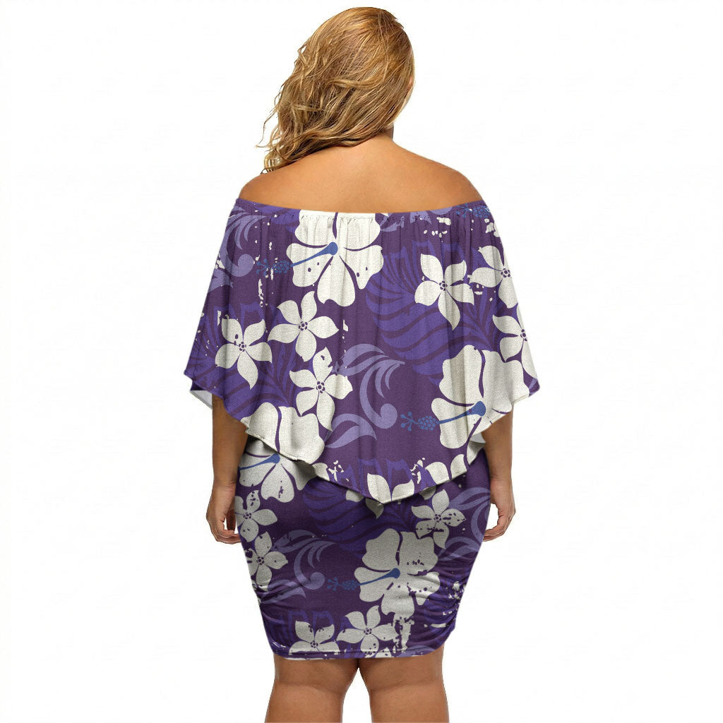Purple Hawaiian Hibiscus Monstera Off Shoulder Short Dress Grunge Stylized
